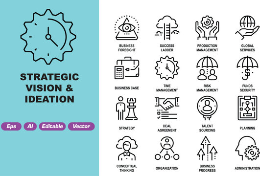 Strategic vision and ideation outline icon set featuring business foresight, success ladder, production management, global services, business case, time management, risk management, fund security, str