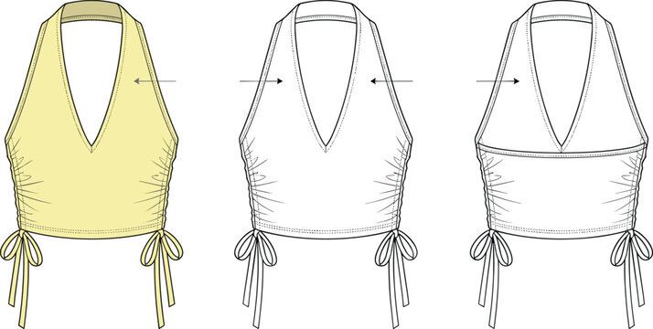 Women deep v neck halter crop top technical fashion flat sketch template featuring side ruched drawstring tie multi view set