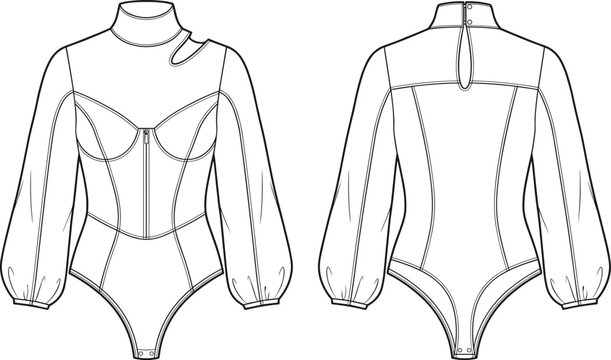 Women turtleneck bodysuit technical fashion flat sketch template featuring corset bustier lantern sleeves cutout vector