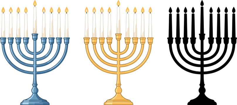 Hanukkah Menorah Vector Set with Burning Candles in Blue Gold and Silhouette Styles