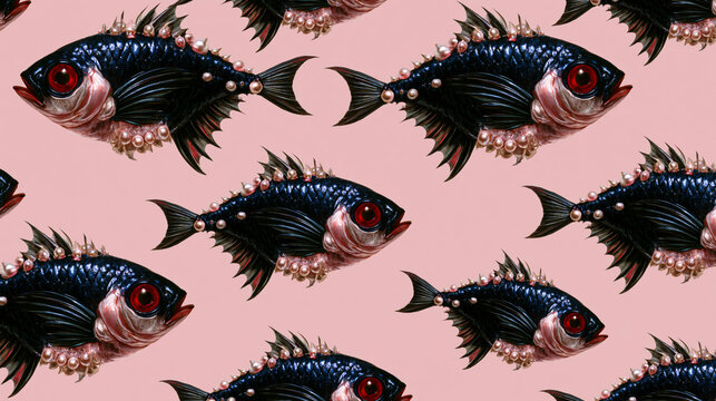 Black Fish Pattern with Pearls on Pink Background