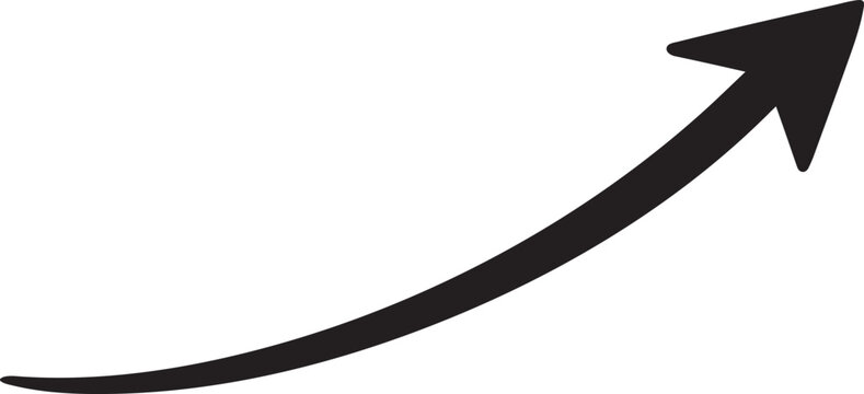 Black curved upward arrow vector icon for business growth, success, finances and progress.