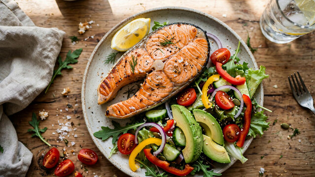 top-view plate  perfectly grilled salmon steak with grill marks, alongside avocado slices, cherry tomatoes, bell pepper strips, cucumber, red onion and leafy greens on rustic wood with lemon wedge