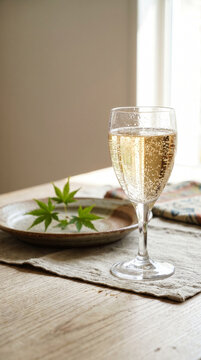 Sparkling sake glass filled with carbonated Japanese rice wine. Modern World Sake Day toast featuring elegant bubbles, premium refreshment and contemporary Nihonshu style