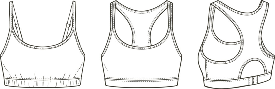 Women sports bra set technical fashion flat sketch template featuring racerback adjustable straps cutout detail multi view