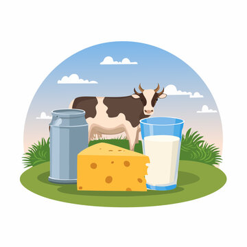 Vache et produits laitiers, illustration agricole avec lait et fromage
