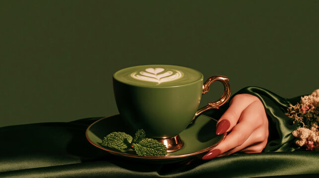 Green Matcha Latte in Elegant Cup with Mint Leaves