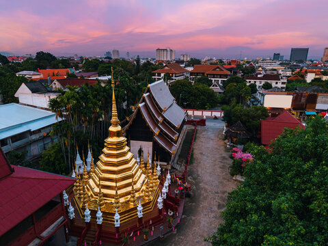 Aerial view Wat Phantao Temple, Buddhist pagoda in Chiang Mai, Thailand