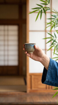 Hand raising sake toast in a traditional Japanese interior with a kanpai gesture. Celebrating World Sake Day, Nihonshu traditions and authentic hospitality