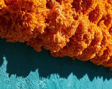 Orange marigold flower garland hanging against a textured teal blue wall with a satin sheen for Dia de los Muertos and holiday background