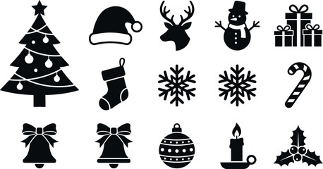 Fototapeta premium Christmas Holiday Black Silhouette Icon Set Featuring Festive Tree Santa Hat Reindeer Snowman Gift Boxes Snowflakes Bells Ornament Candle and Holly Berry Symbols