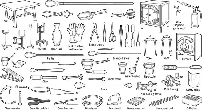Glassblowing Studio Tools and Equipment Vector Icon Set with Furnace Blowpipe Jacks Shears Torch Mold and Glass Crafting Workshop Line Art Illustrations