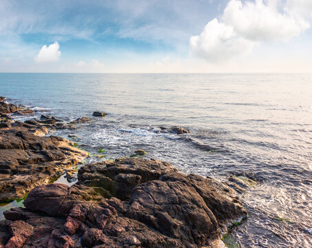 sea coast with stones and rocks. summer vacation background. seascape in the morning light. relaxing at the sea. coast of bulgaria