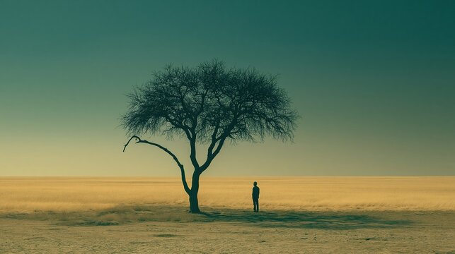 Solitary man standing by a bare tree on a vast parched plain under a deep teal sky, presenting a sense of solitude and distance for conceptual storytelling