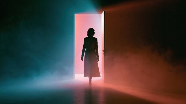 Silhouette of a businesswoman walking toward a bright doorway in a misty office for digital opportunity and career growth imagery