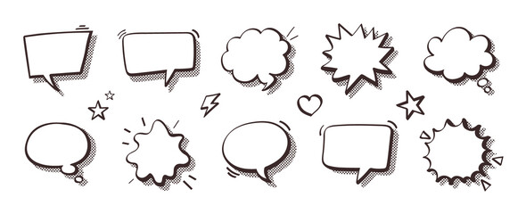 Collection of Empty Comic Speech Bubbles with Halftone Shadows. Hand Drawn Retro Cartoon Talk Bubble Set, Pop Art Cloud Dialog Boxes Blank Text Balloons and Sticker Frames Vector Illustration isolated © Anna (Bile Platno)