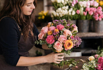 Fototapeta premium Professional florist arranging a beautiful bouquet of fresh pink and orange roses in the shop