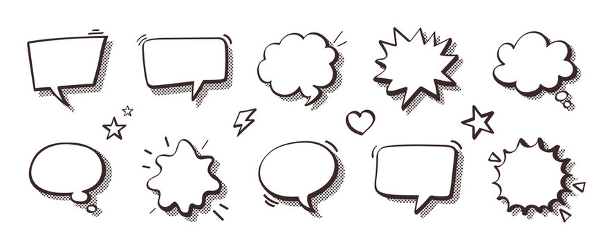 Collection of Empty Comic Speech Bubbles with Halftone Shadows. Hand Drawn Retro Cartoon Talk Bubble Set, Pop Art Cloud Dialog Boxes Blank Text Balloons and Sticker Frames Vector Illustration isolated