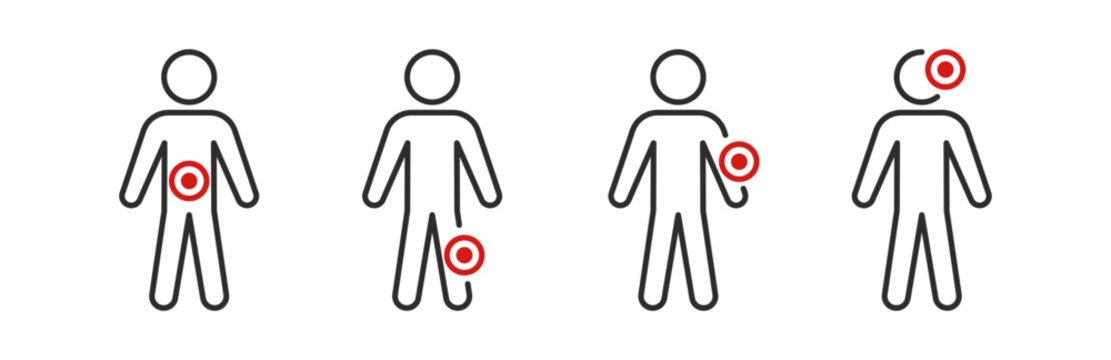 Body pain icons, set of icons such as leg or arm pain, abdominal cramps, migraine or dizziness, thin line symbols on white background - editable stroke vector illustration