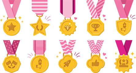 Fototapeta premium Collection of cute gold award medal vectors including star badge diamond shield and winner championship reward elements for game UI and celebration designs