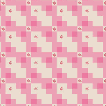 Seamless geometric  patchwork quilt pattern with pink and magenta tiles and mini star accents. Perfect for textiles, fabric design, and wrapping paper .