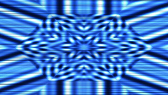 Abstract blue neon techno background with glowing geometric symmetry and horizontal digital scanlines