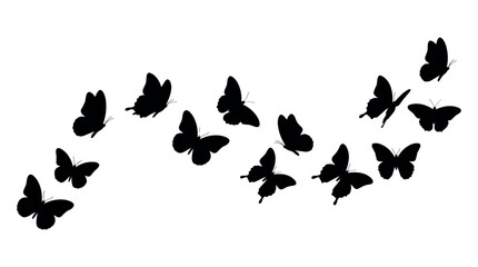 Flying Butterfly Silhouettes Set, Flying butterflies group in wave motion, Elegant insect silhouettes for wall decals and nature design, vector, insect, wave, group, black, nature, wings, flight. © MasterTech