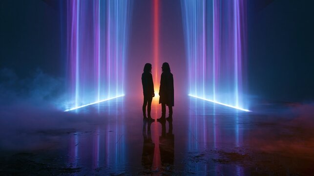 Two people in silhouette observe vertical pillars of blue and violet light in a dark immersive hall with a glassy reflective floor for exhibition design and interactive environment concepts