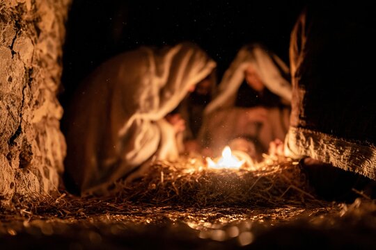 Nativity scene with kneeling figures surrounding a glowing manger in a stone stable, featuring warm candlelight and rustic textures for Christmas and religious storytelling