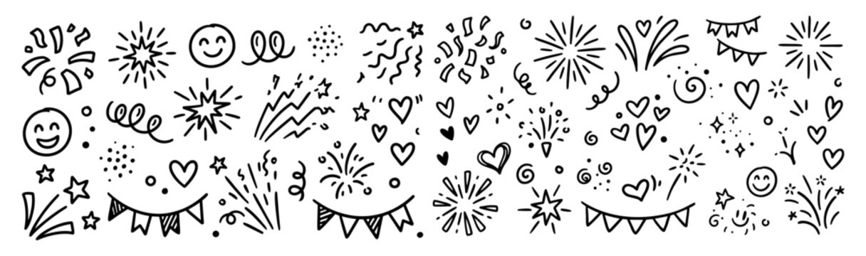 Hand drawn doodle vector mega pack of party celebration decorative elements featuring confetti, sparkles, stars, doodle bursts, starbursts, hearts and party swirls isolated on white background