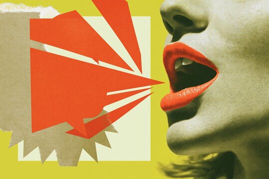 Close up of a human mouth with orange lips in profile emitting bold torn paper speech shapes for communication and activism imagery