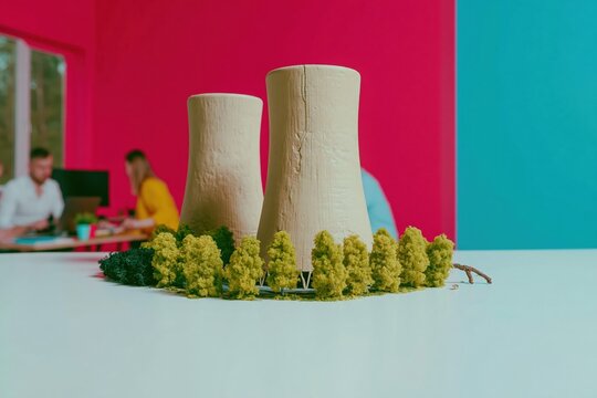 Detailed miniature nuclear cooling towers on a white office table for clean energy and sustainable development concepts with copy space