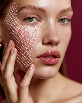 Young woman touching her face with a mesh grid overlay on dewy skin for skincare visualization and cosmetic dermatology branding