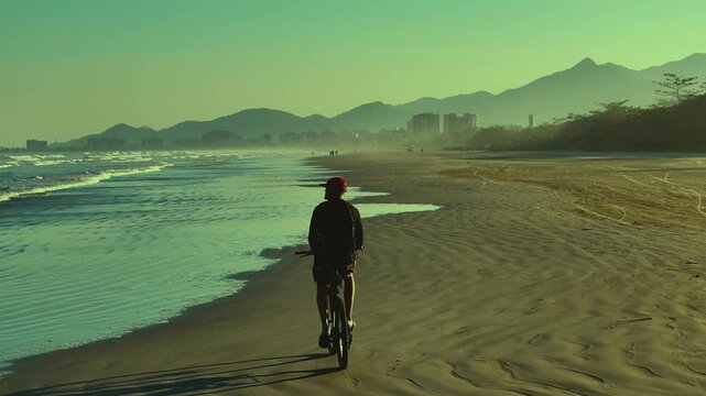 Rear view of cyclist riding along a tropical beach at sunrise with ocean waves and mountains. Scenic coastal adventure and freedom. 4K video.