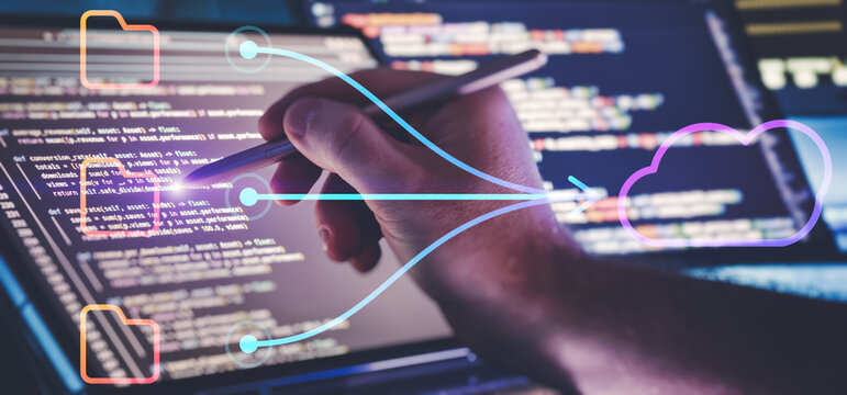 Cloud Computing and Data Migration Concept: Glowing Neon Folders Transferring Information to Cloud Network over Software Code