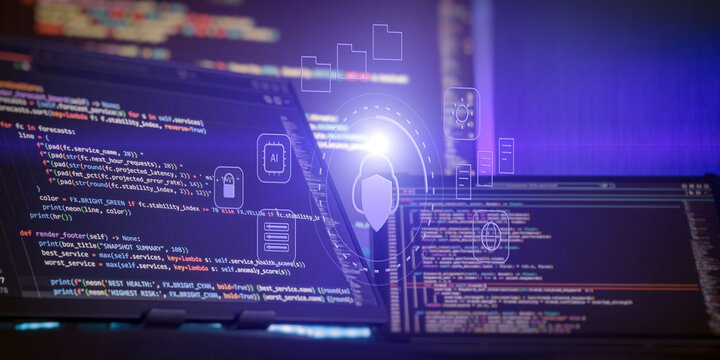 Advanced machine learning and digital protection network concept, abstract high-tech background with neon icons and coding screens