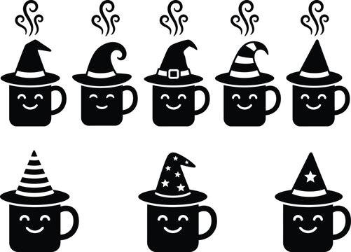 Set of cute coffee mugs wearing witch hats for halloween celebration