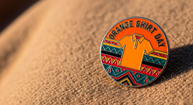 Orange Shirt Day pin with commemorative shirt icon and Indigenous inspired tribal patterns on a sand background. 