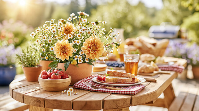 Cozy Garden Breakfast Table with Potted Flowers and Picnic Food