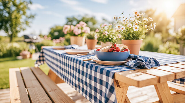 Cozy Garden Breakfast Table with Potted Flowers and Picnic Food
