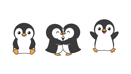 Obraz premium Cute penguin cartoon characters shown in various poses including sitting, hugging, and celebrating with open arms.