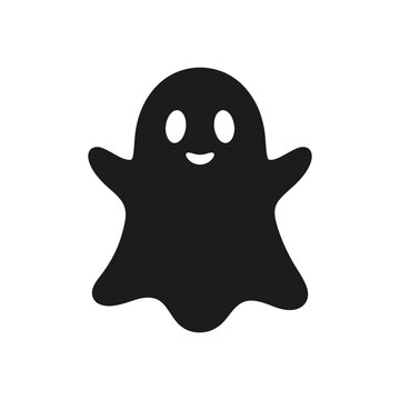 Cute Black Ghost Silhouette Vector Icon, Halloween Spirit Graphic, Minimal Flat Spiritual Symbol, Cartoon Character With Smile, Simple Party Design Element Halloween