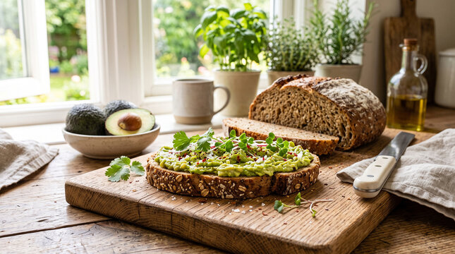 Wholesome avocado toast on rustic bread with herbs and coffee on table.