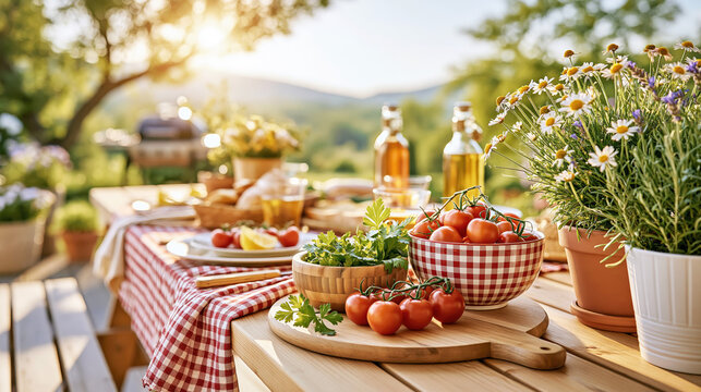 Cozy Garden Picnic Table with Fresh Food and Flowers
