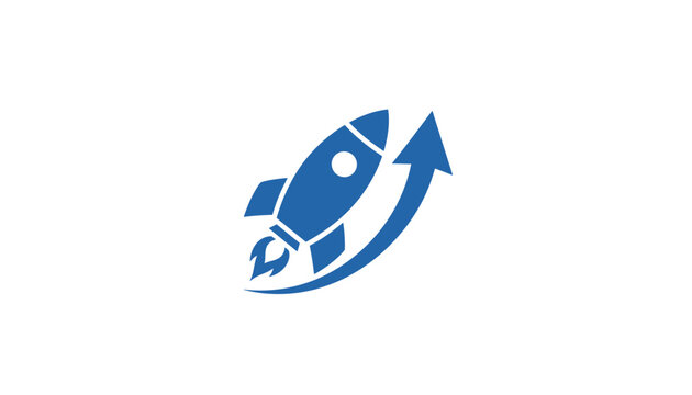 Business growth icon of a rocket launching upwards next to a curved arrow representing financial success and startup launch.