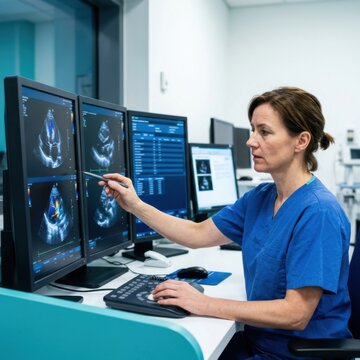 Medical Professional Analyzing Echocardiogram Images on Multiple Monitors