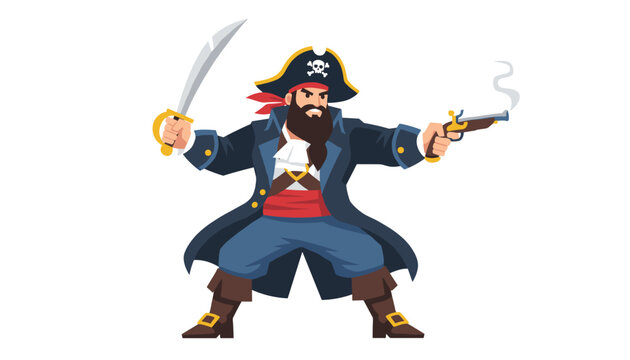Cartoon pirate captain with a thick black beard holding a silver sword and a smoking gun on a white background.