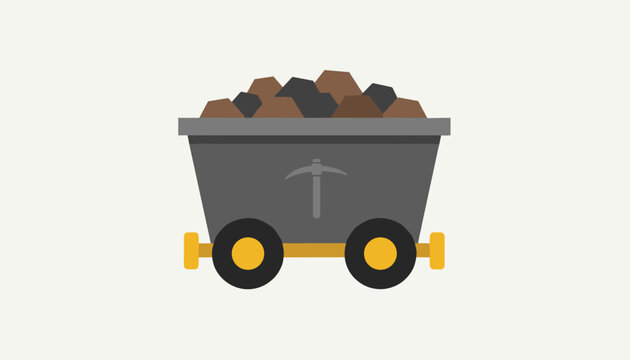 Industrial mine cart loaded with dark gray and brown coal ore featuring a pickaxe icon symbol on its side over a plain light background.