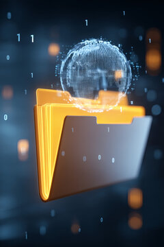 digital painting of a glowing silver folder displaying a secure global interface. A miniature digital globe rotates above the folder opening, connected by a web of light. Floating binary bits 