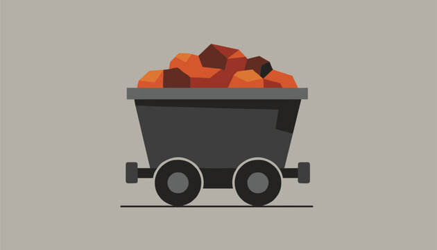 Mine cart filled with chunks of valuable orange mineral ore on a rail track is shown on a grey background.